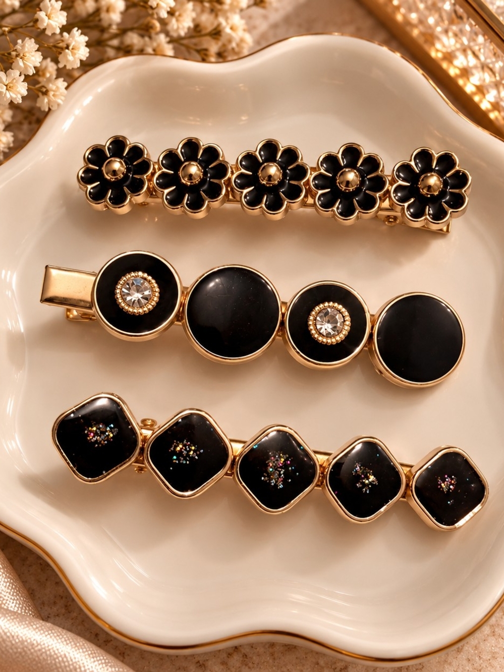 Elegant Black & Gold Floral and Geo Hair Clip Set New